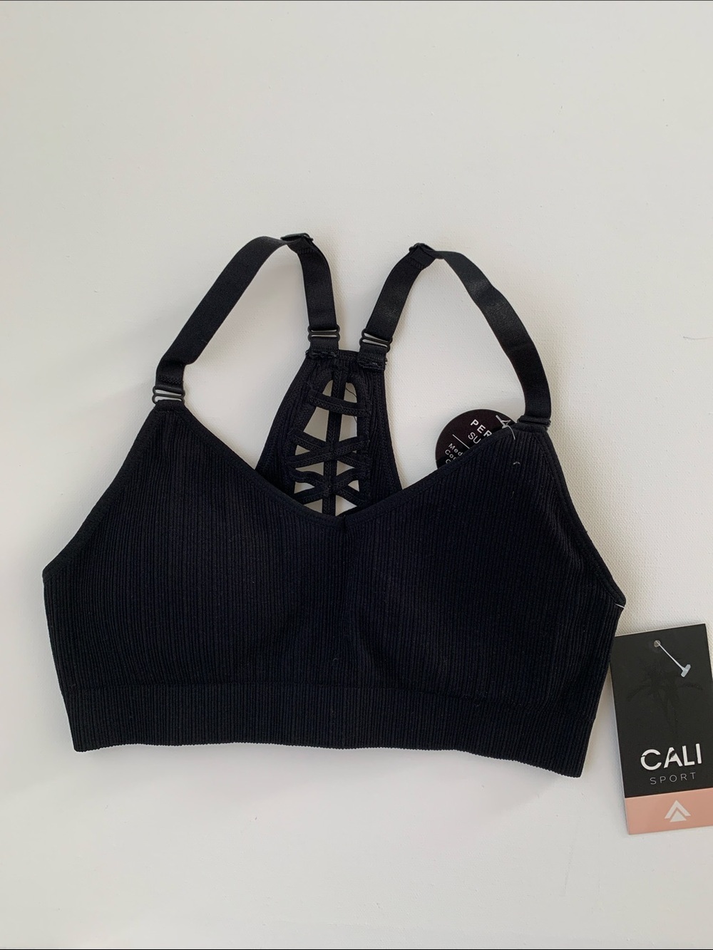 NWT Cali Sport Black Ribbed Strappy Back Bralette Size Small $60